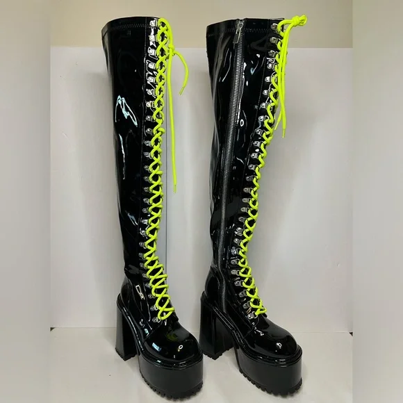 Dolls Kill Shoes Dolls Kill Black And Neon Green Laces Zip Up